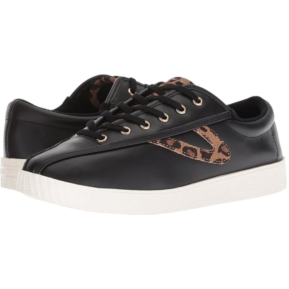 Tretorn Black Leather Nylite 25 Plus Cheetah Print Sneakers
